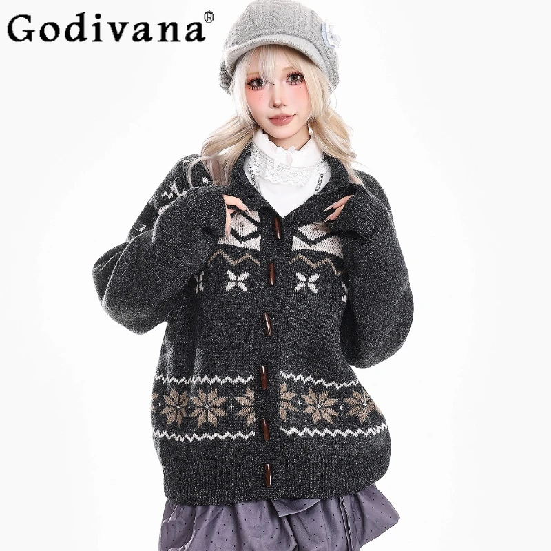 

Осень-зима, повседневный тонкий свободный кардиган, пальто, жаккардовый свитер на пуговицах в стиле ретро для женщин, милый женский кардиган в японском стиле