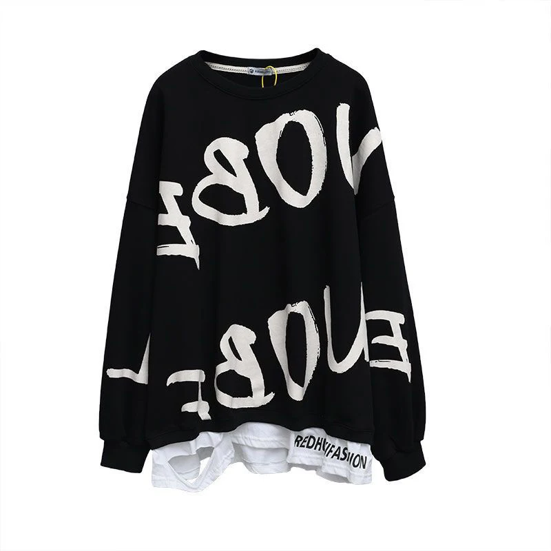 Autumn Letter Print Oversized Loose Casual Cotton Sweatshirt Female Streetwear Y2K Pullover Broken Hole Design All Match Jumpers