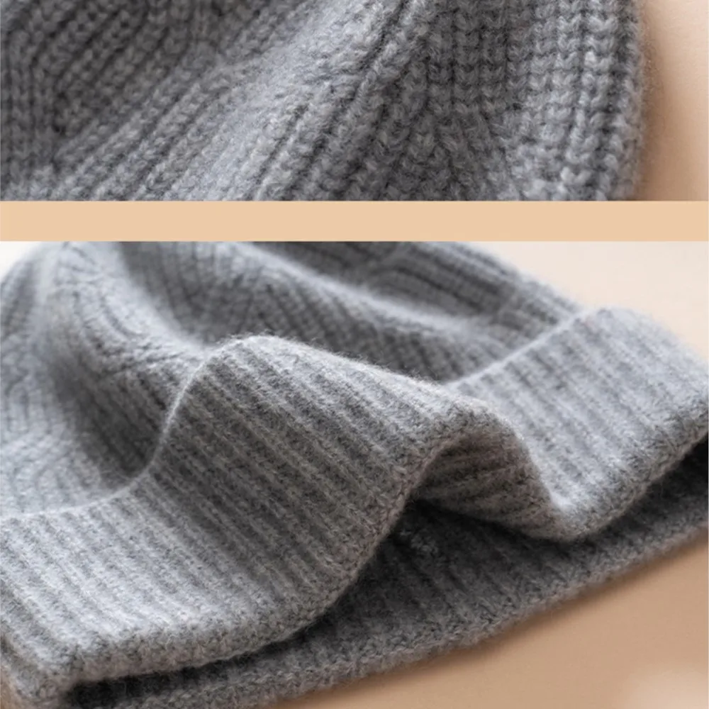 Adults Classic Thickened 100% Cashmere Knit Beanie Hat Women Warm Soft Ribbed Cable Fall Winter Headwear Outdoor Windproof