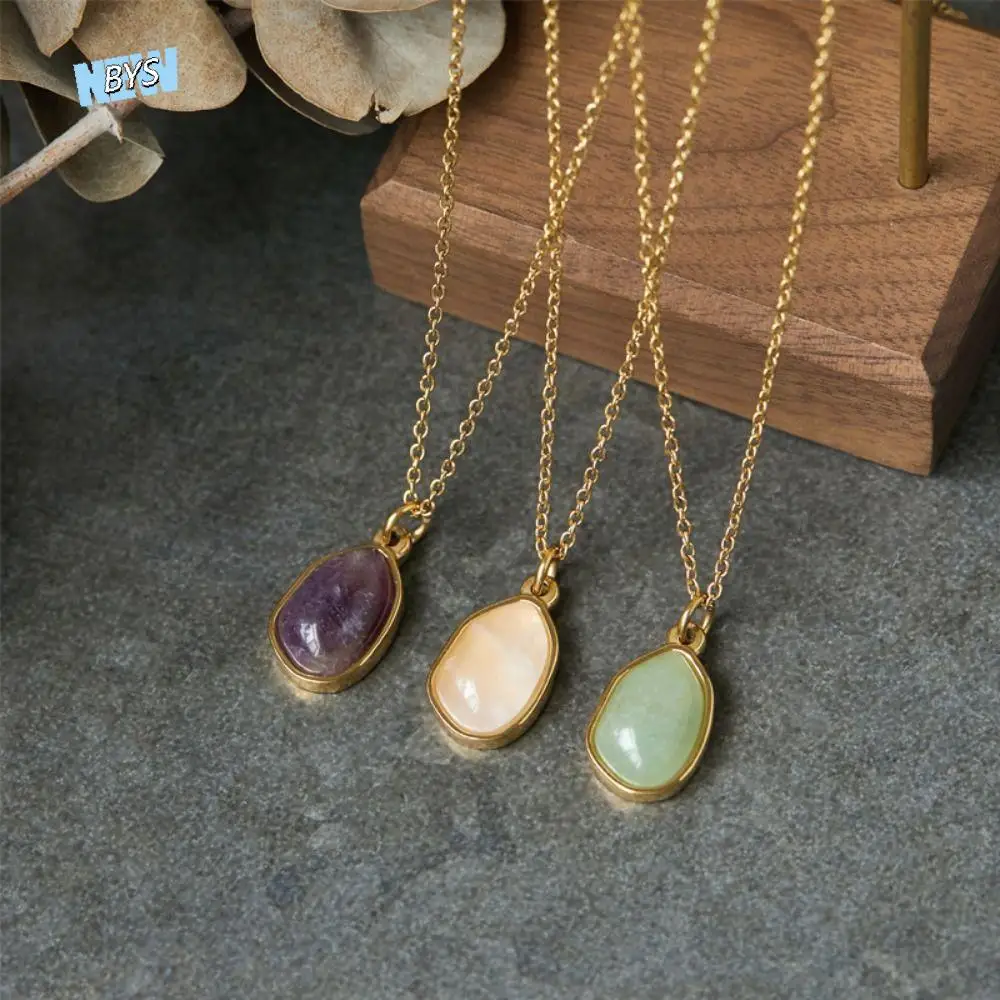 

Purple Green Stone Necklace Casual Plated 18K Gold Titanium Steel Necklace Stainless Steel Irregular Geometric Pendant Necklaces