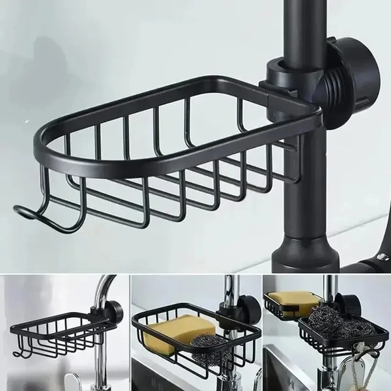 Bathroom Faucet Shelf Space Aluminum Kitchen Sink Soap Drainer Sponge Drain Rack Black Bathroom Shower Storage Sundries Holder