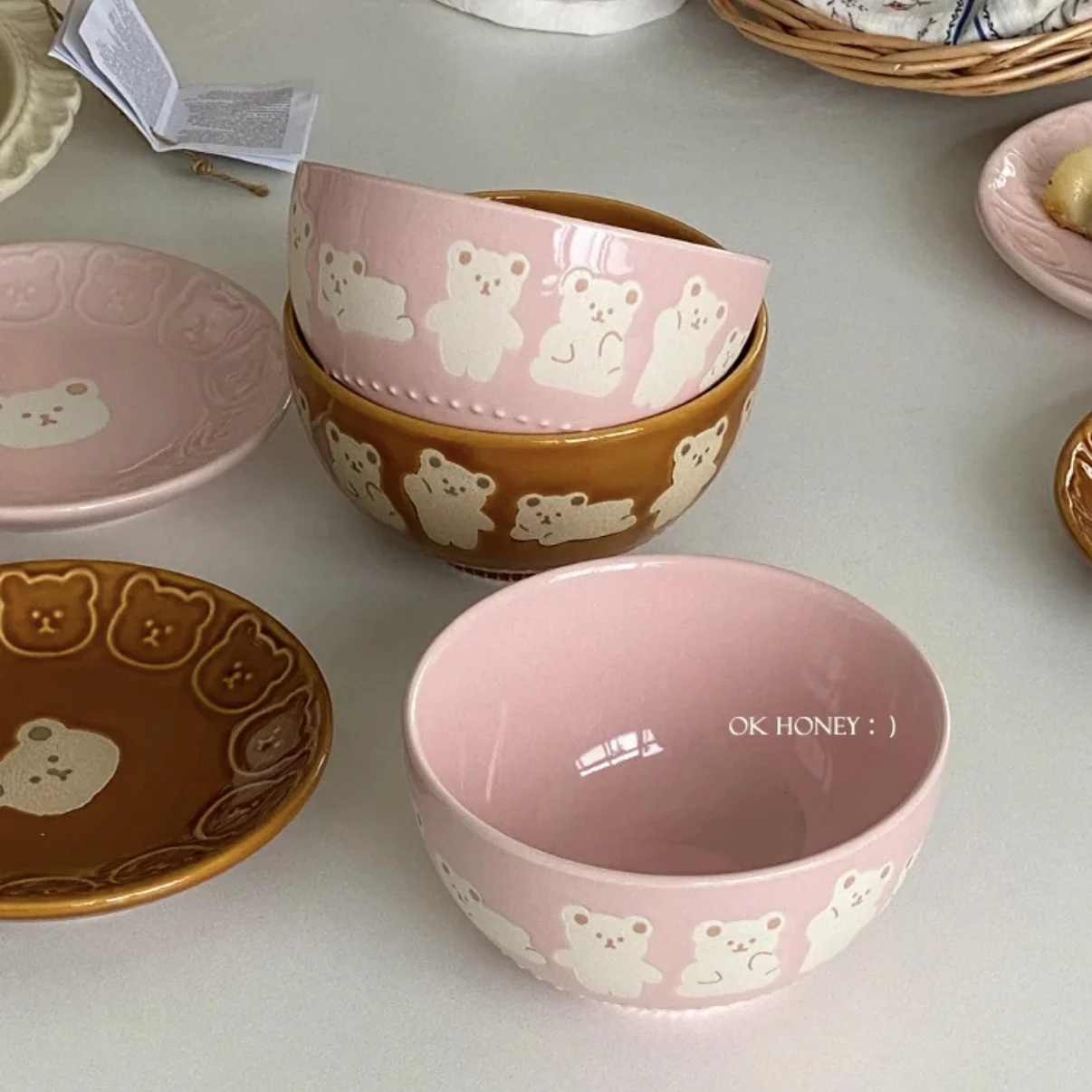 Home breakfast yogurt bowl embossed rice bowl pink cute household kitchen items dessert plate