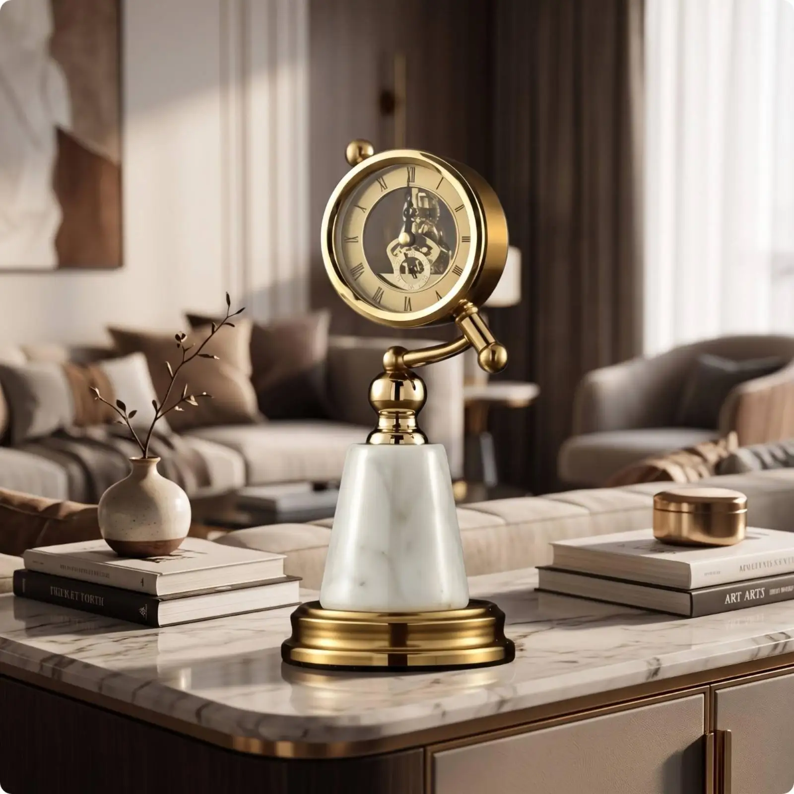 Tabletop Clock with Marble Base Decorative Clock Sculpture Decor for Living Room, Office, Bookshelf
