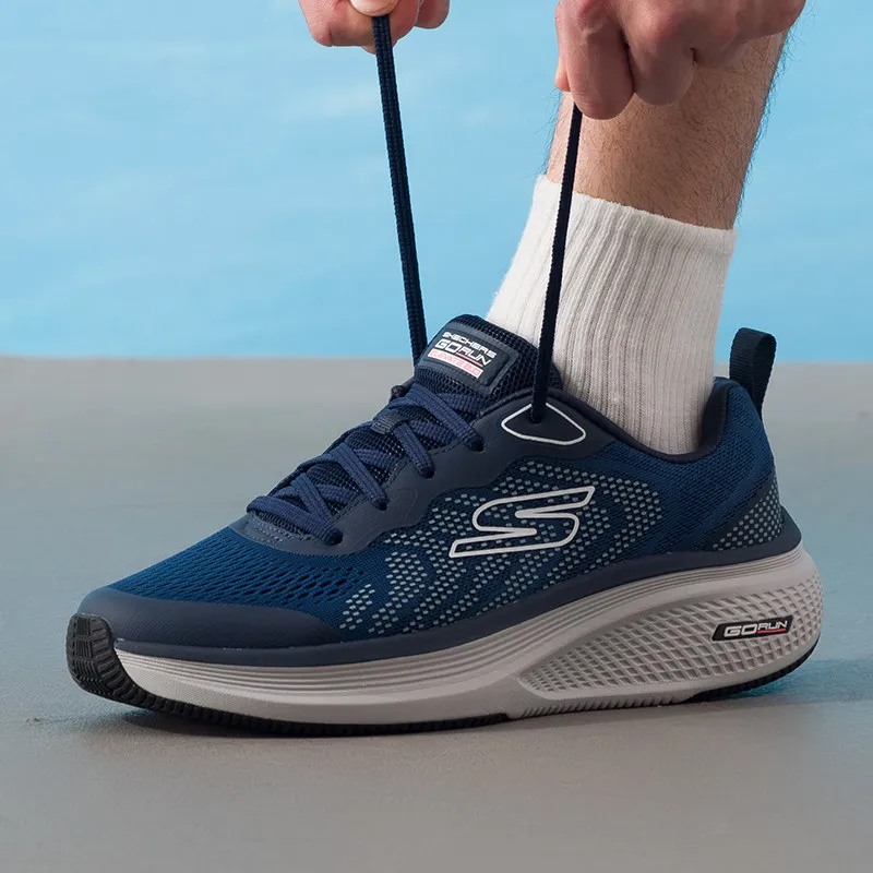 Mens Running Shoes 220848-NVY Navy Blue Mesh Synthetic Overlay Lace Up Low Top Heel Pull Tab Side Accent Graphic Thick Cushion M