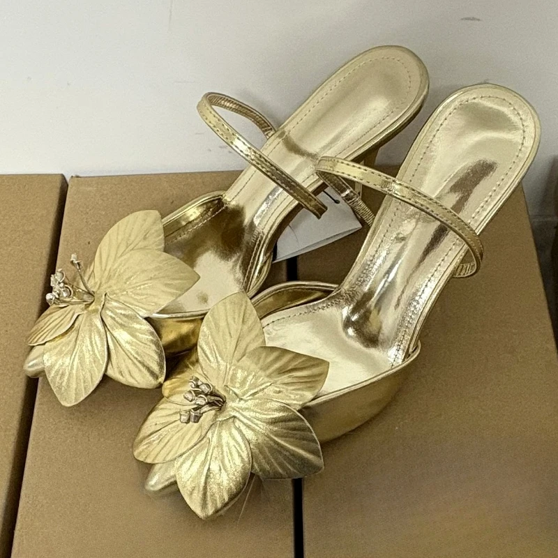 

Gold Sexy Flower High Heels Women Brand Designer Sandals Women Summer New Fashion Pointed Toe Pumps Banquet Party Shoes Ladies