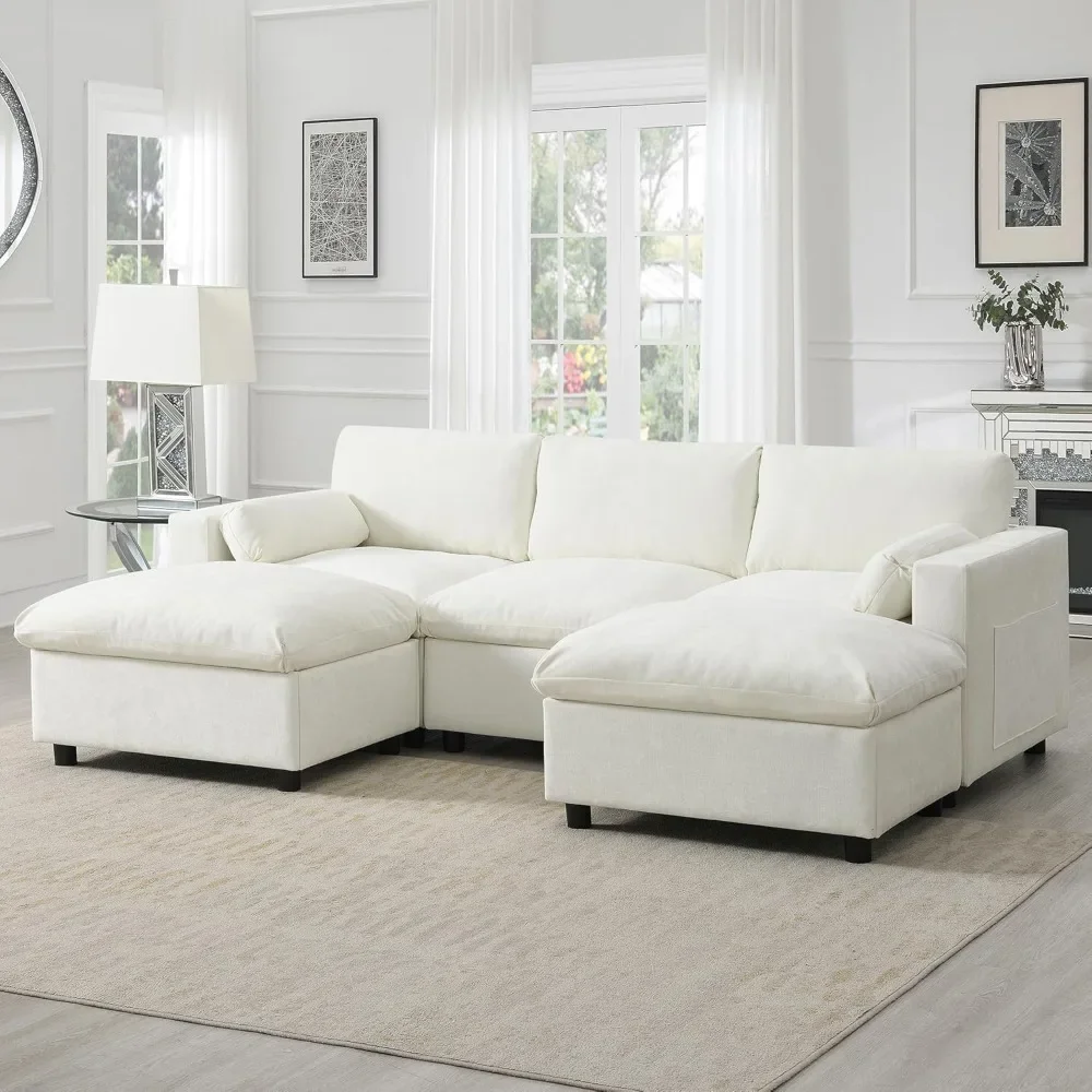 Sectional Sofa with Storage Pockets & Removable Ottomans, Cream 5 Seat U Shaped Sleeper Cloud Couch Set,White Living Room Sofas