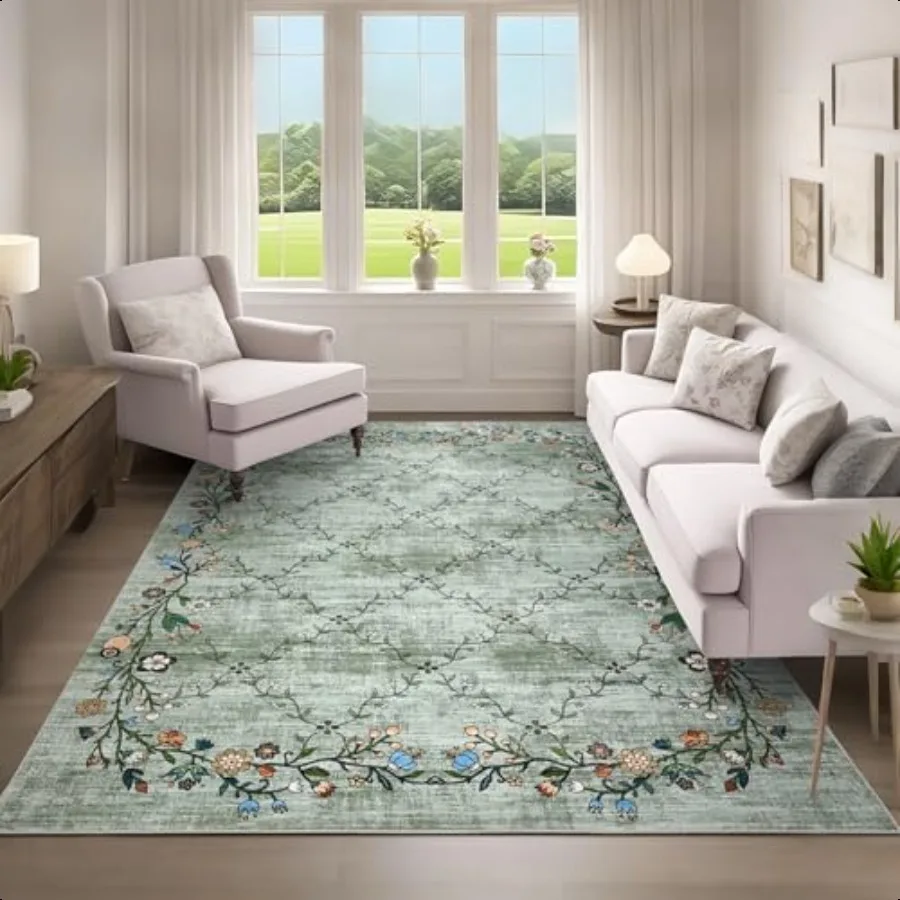 

5x7 Washable Floral Area Rugs for Living Room: Modern Floral Non Slip Large Area Rugs for Bedroom Large hine Washable Living Ro