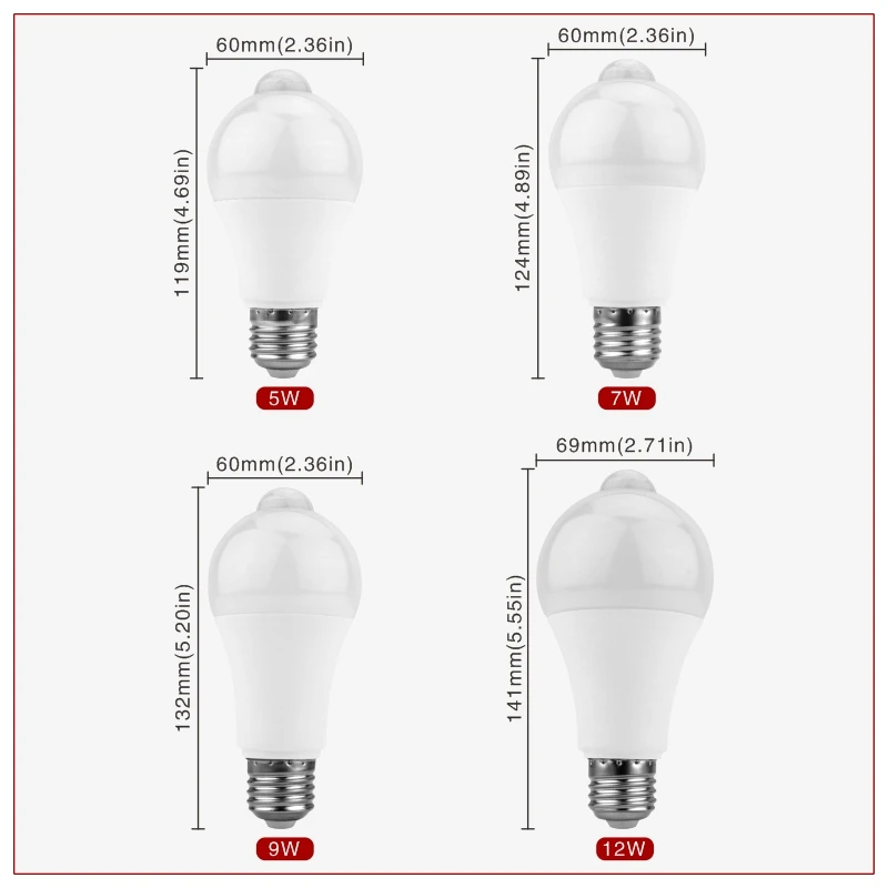 PIR 모션 센서 램프 5W 7W 9W 12W LED 전구 E27 110V 220V 자동 스마트 Led PIR 적외선 바디 라이트 AC 85-265V 모션 센서 빛