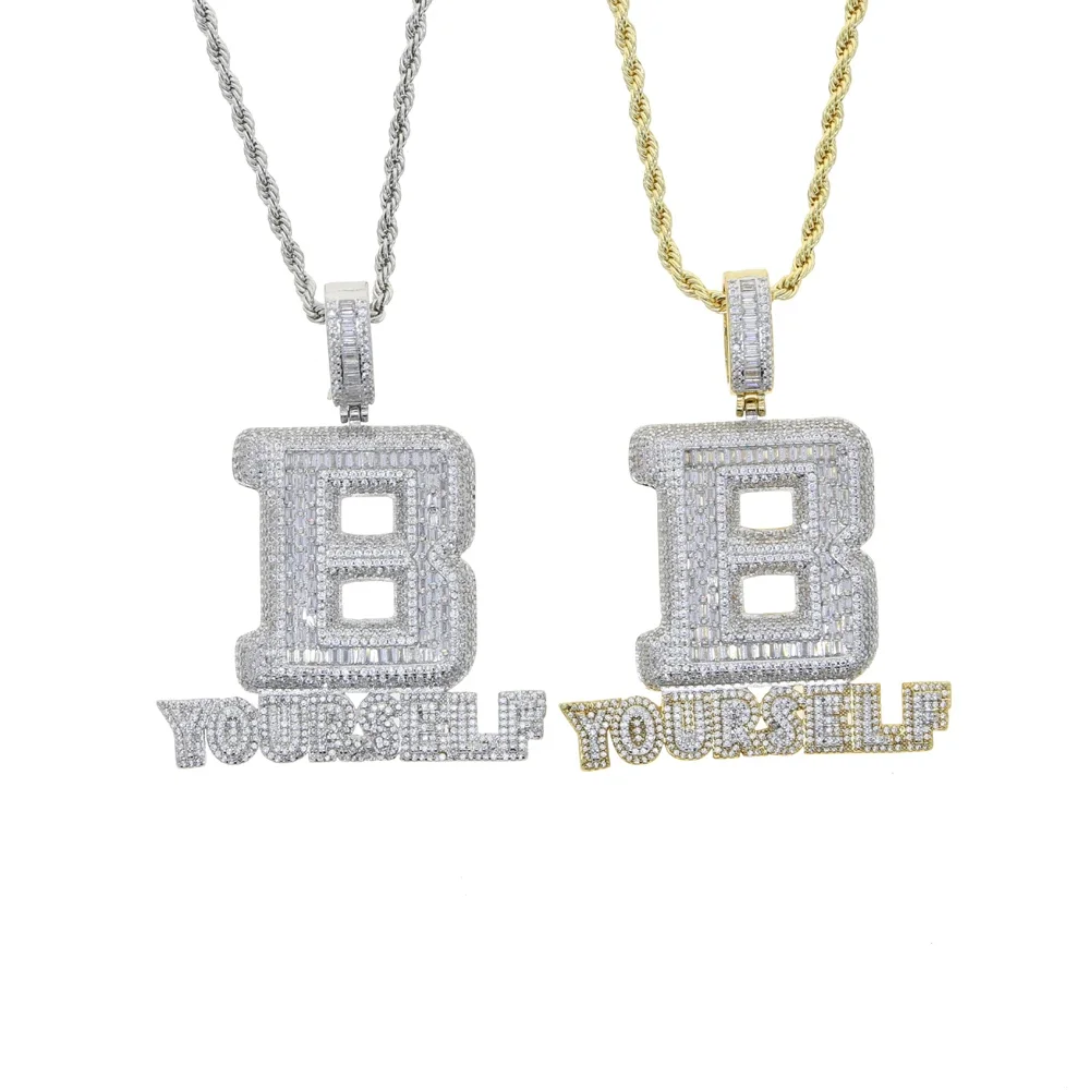Iced Out Letter B Pendant Pave 5A Cubic Zirconia Bling Be Yourself Charm Necklace for Men Jewelry Rope Chain Hip Hop