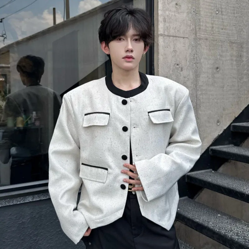 WTHT Fashion Men Striped Contrast Color Patchwork Coat Trendy O-neck Single-breasted Long Sleeve Jacket Male 2025 Autumn 2A1903