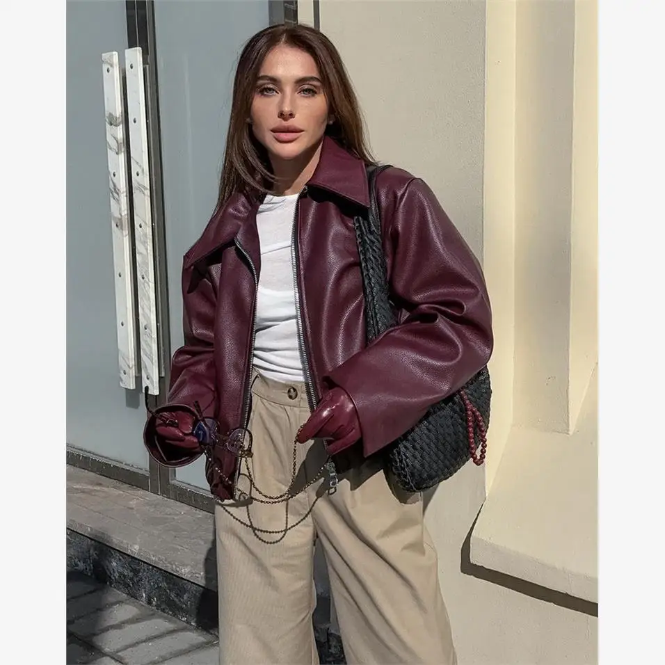 Jaet in pelle PU da donna allentata Autunno Inverno Nuovo Sle Chiusura con cerniera Moto Sle Colletto Flip Capispalla Lungo Sve