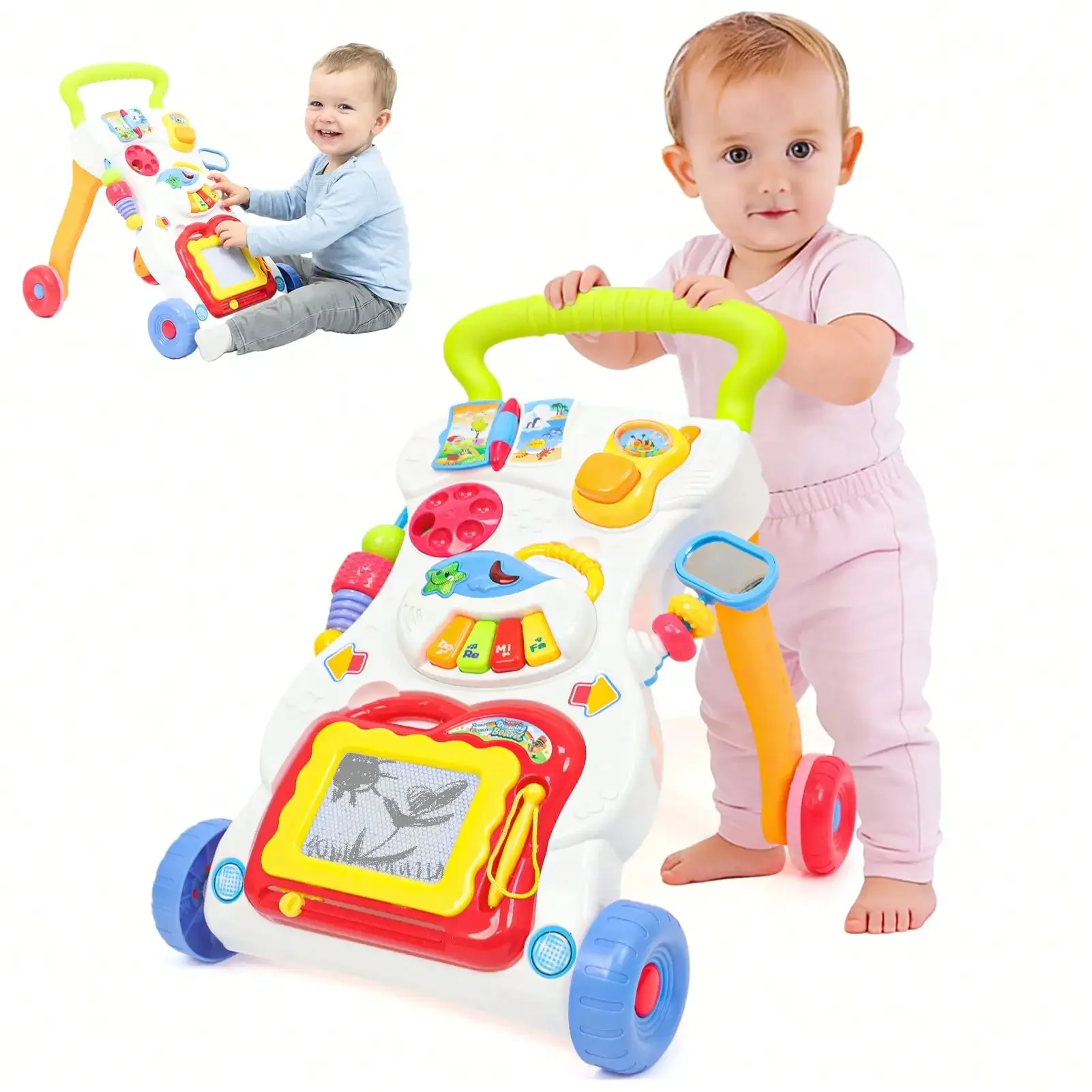 Multi‑Functional Baby Push‑Walk Learning Activity Walker, Baby Walker with Drawing Board, Built‑in Music Effects, Portable Activity Center Toy for Boys & Girls, Sensory & Balance Training, Develop Motor Skills, Safe Early Learning Play Toy for Toddlers