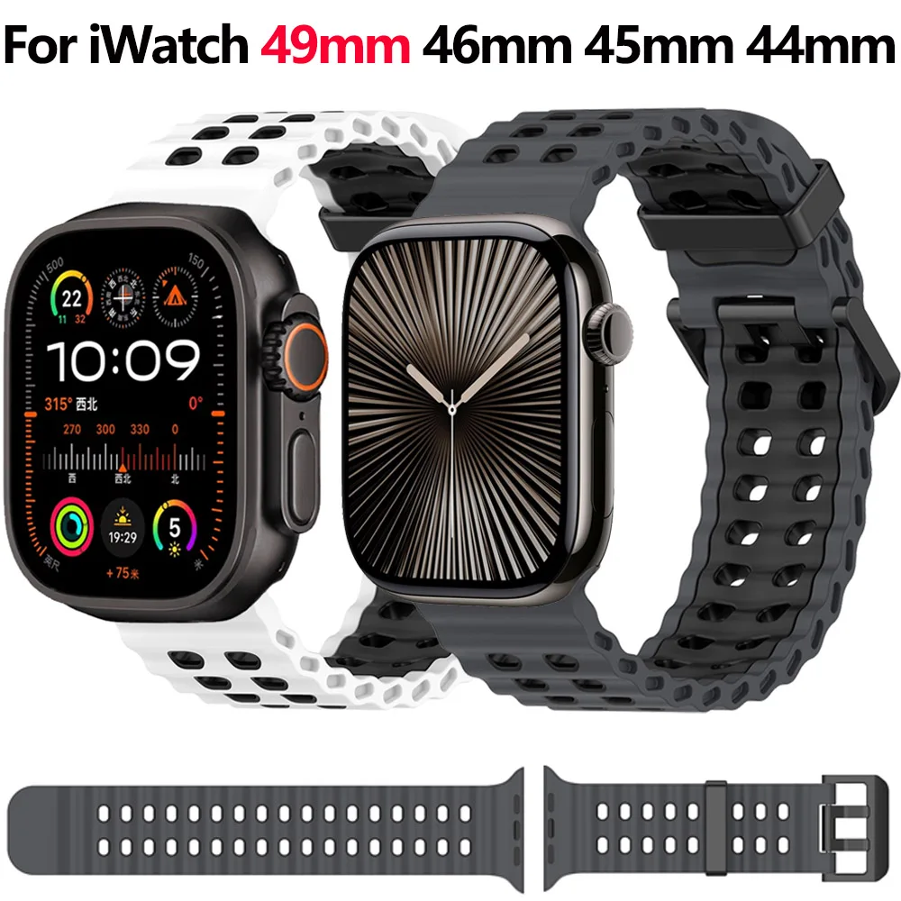 

Ocean Silicone Band for Apple Watch Strap Ultra 2/3 49mm 46mm 45mm 44mm 42mm Breathable Wristband iWatch 11 10 9 8 7 5 SE/3 Belt