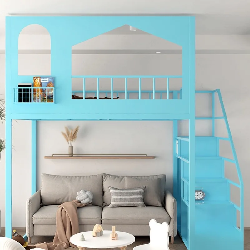 

Wrought iron loft elevated bed small apartment bed empty single upper floor high low tree house castle bed duplex second floor