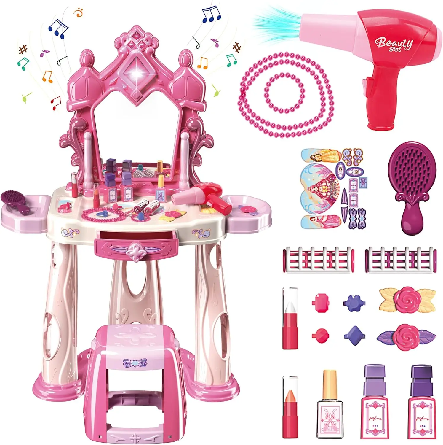 Dressing Table Role Play Set Toy Kids Girls Pink Vanity Mirror Make Up Desk Beauty Sets Toy Play for Pre-Kindergarten Children