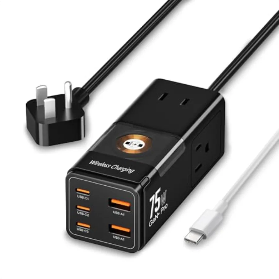 

Зарядное устройство USB C, 75 Вт PD GaN3, настенное быстрое зарядное устройство, удлинитель с 3 розетками переменного тока США и 1 беспроводное зарядное устройство для часов, 2 портами USBA и 3 портами