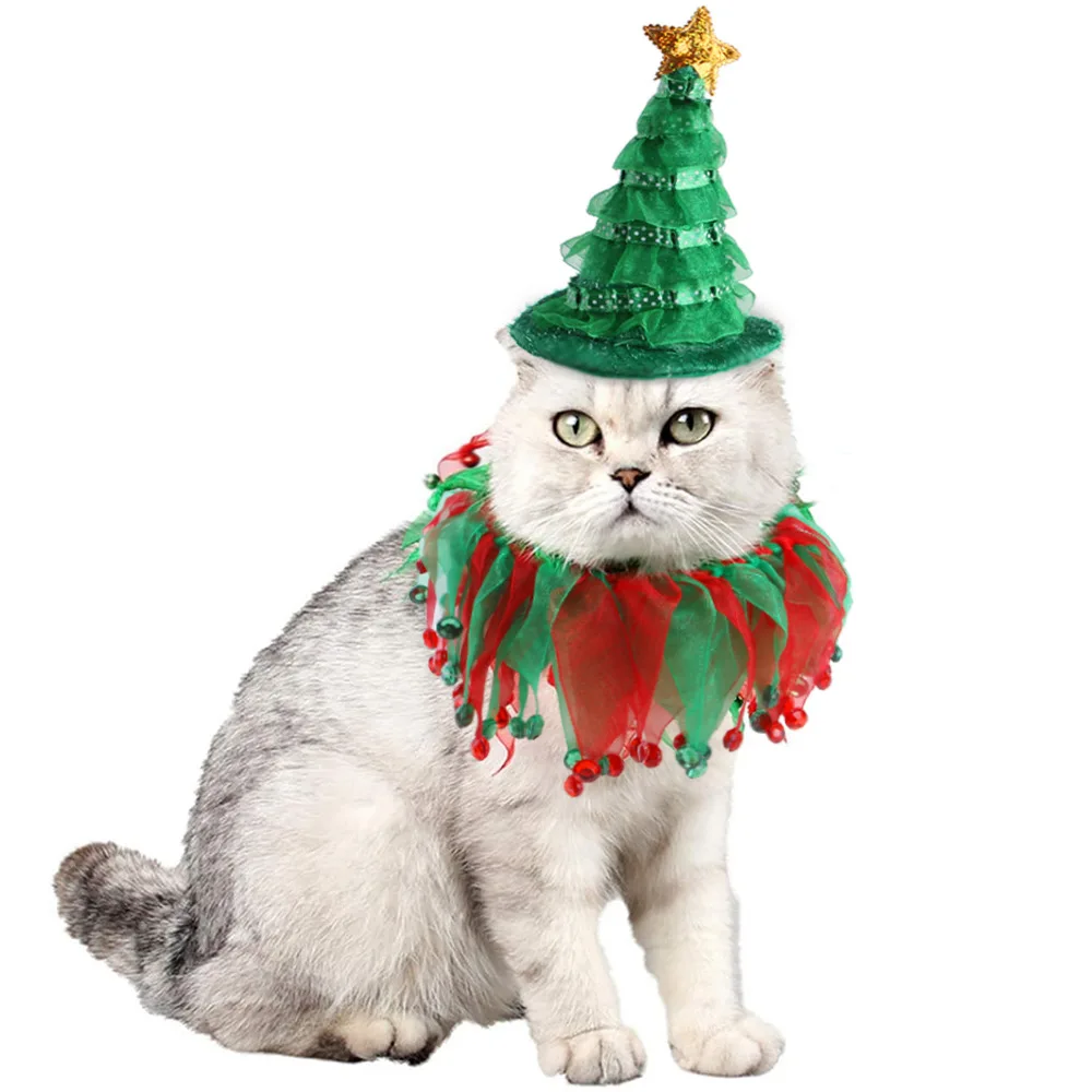 2 Pack Cat and Dog Christmas Tree Hat and Red Green Collar Puppy Bib Xmas Pet christmas cloak puppy bib holiday costume