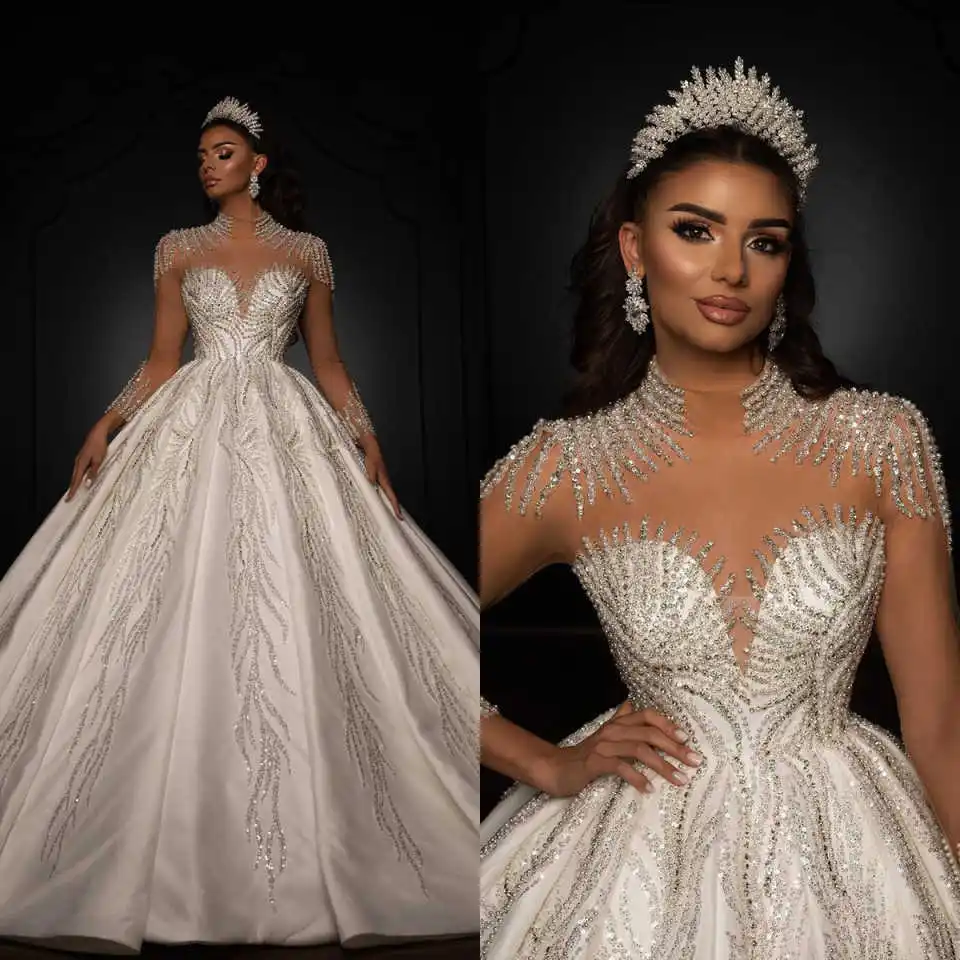 

Exquisite Sequins Bridal Gown Sheer Neck Long Sleeve Ball Gown Wedding Dresses Beadeds Customized Vestidos De Novia