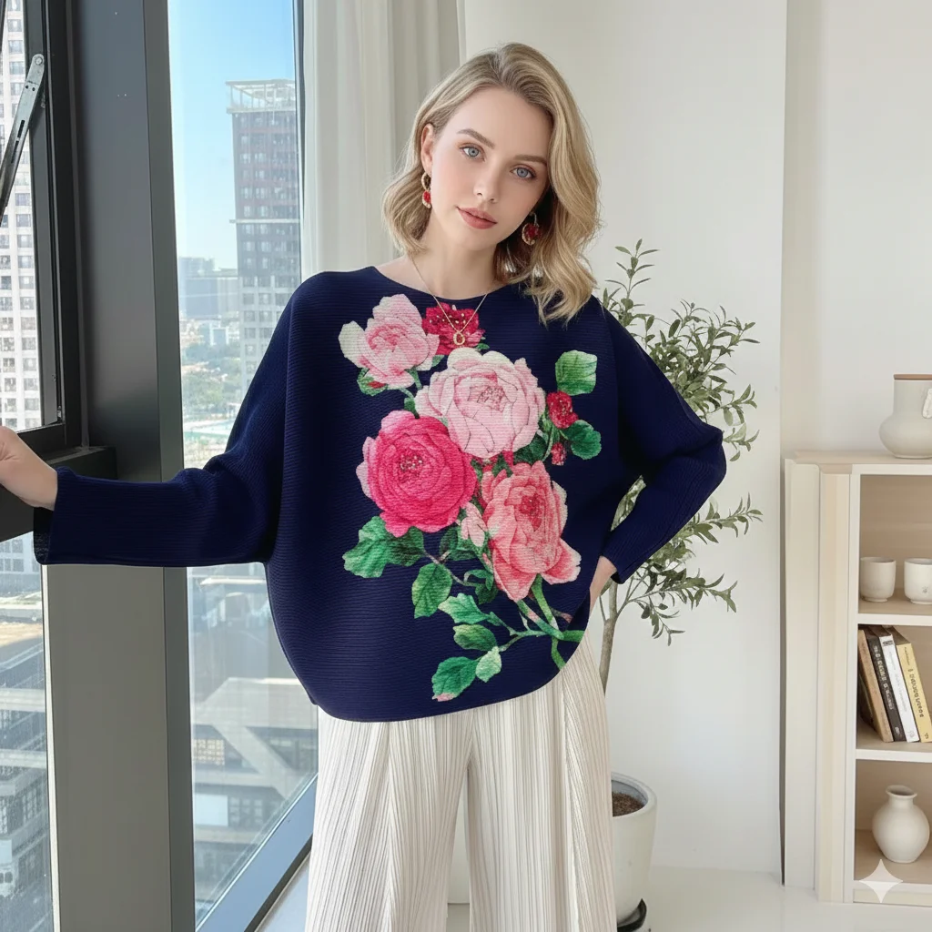 

Miyake Pleated 2026 Spring and Summer New Floral Niche Casual Tops Pleated Fashion Round Neck Casual Loose Slim Tops for Women