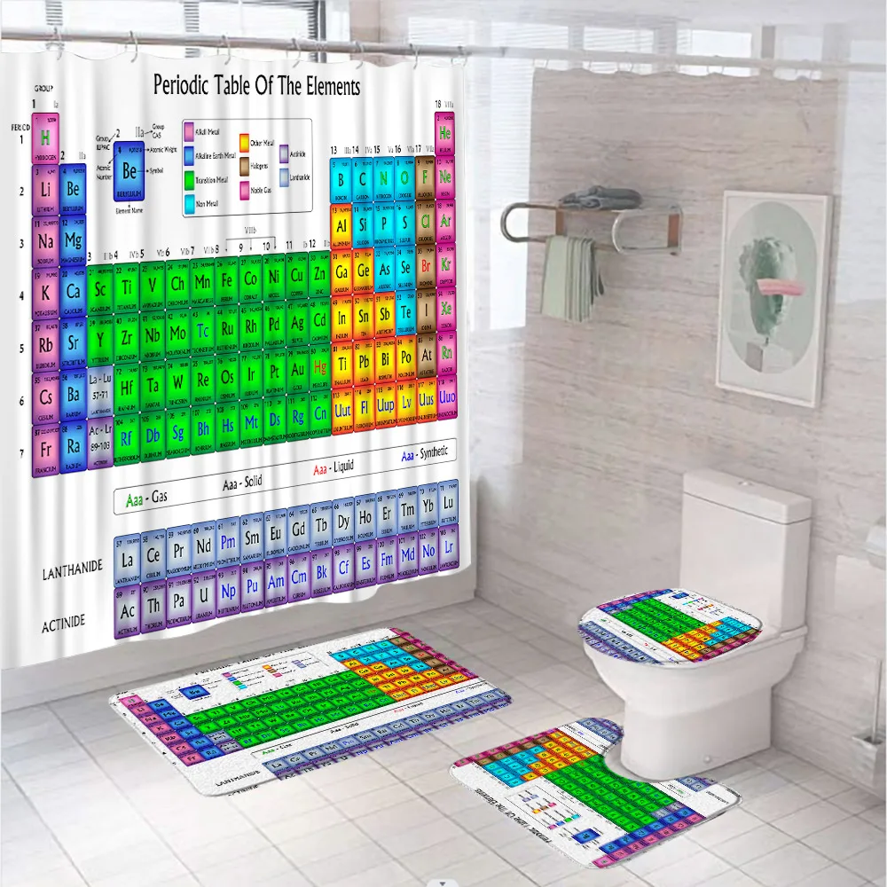 Periodic Table Of Elements Shower Curtain Sets Educate Study Art Bathroom Curtains Non-Slip Bath Mat Pedestal Rugs Toilet Covers