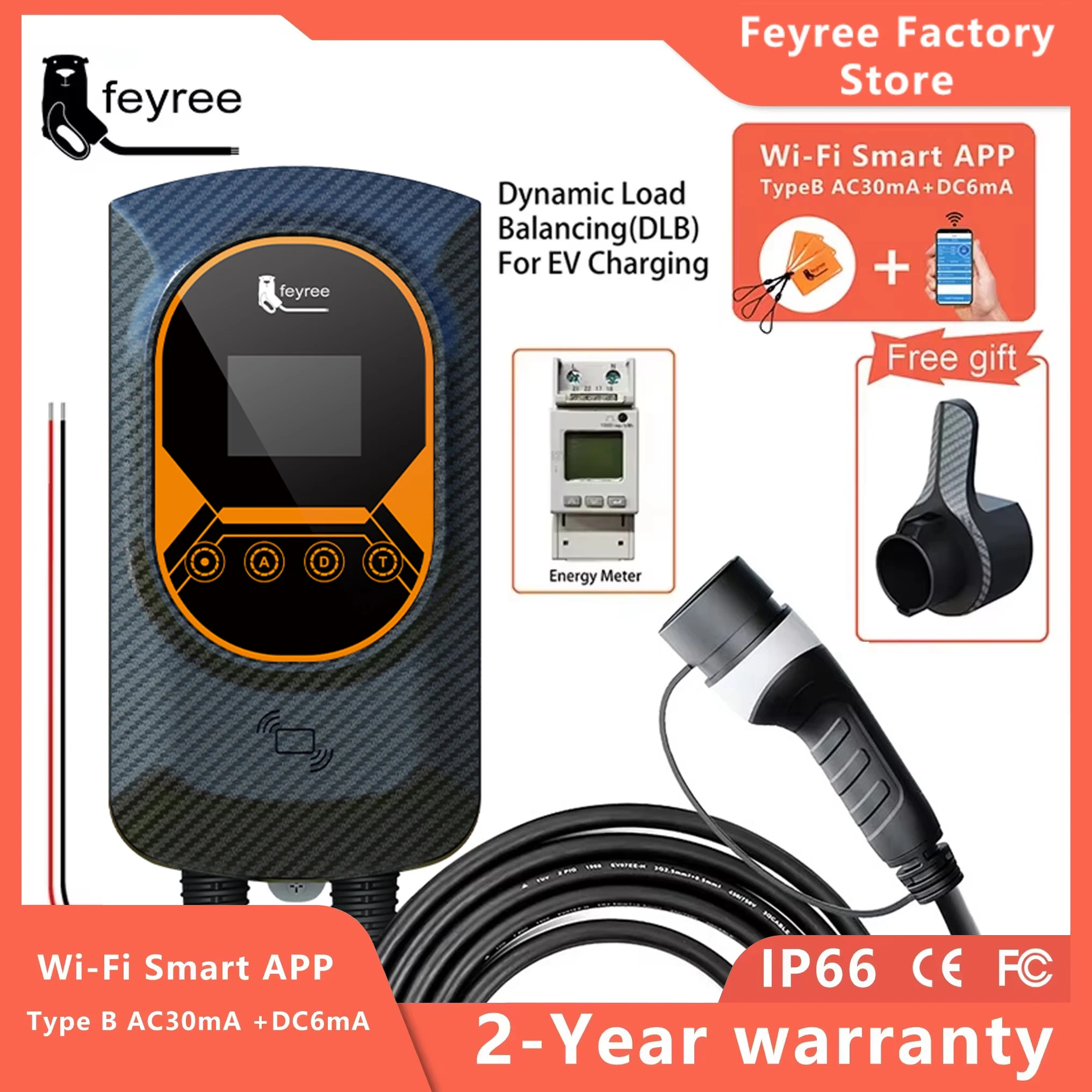 feyree Ładowarka EV Typ2 Kabel 32A 7.6KW Dynamiczne obciążenie Zakrywanie EVSE Wallbox Funkcja aplikacji 11KW 22KW Stacja ładowania Samochód elektryczny