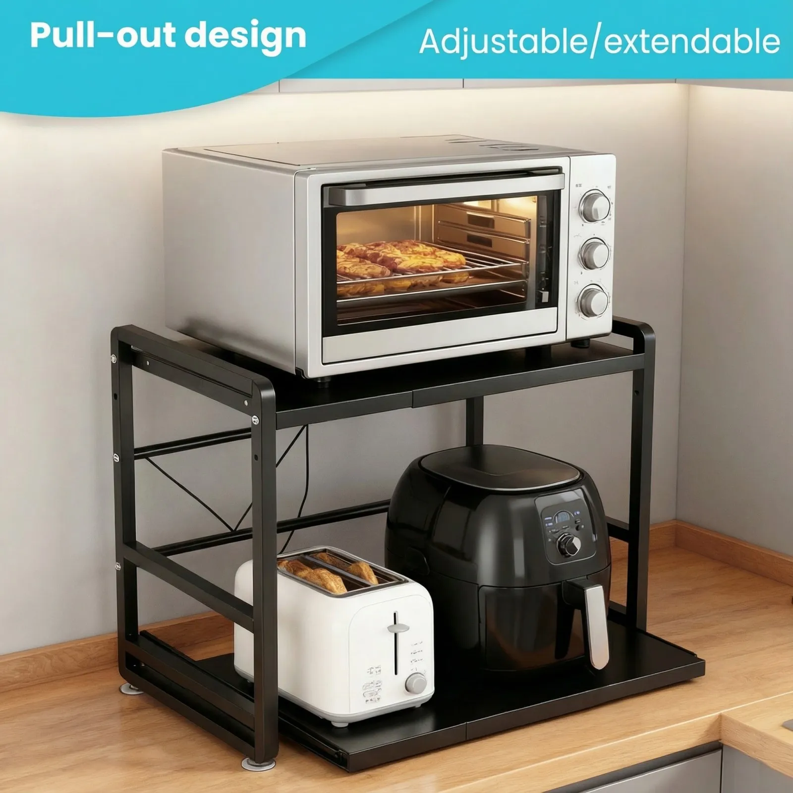 Expandable Microwave Rack Shelf, Microwave Rack, Extendable Shelf Includes Hooks & Reinforcement Suction Cups Easy Assembly