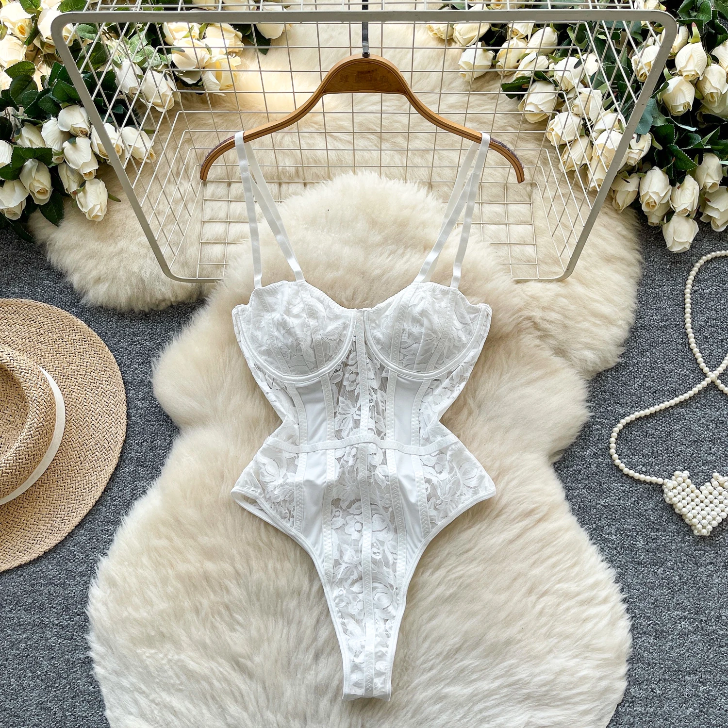 sexy Vintage Lace Spliced Mesh Bodysuits Chic Sleeveless Jumpsuits Slim Top Rompers  women clothing