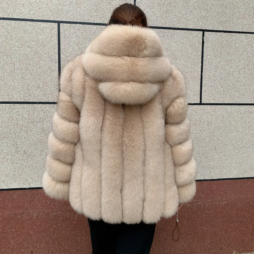 Women's Winter 100% True Fox Fur Hooded Coat Fashionable and Warm Natural Fox Fur Vertical Hooded Hat High Quality Fluffy Fur