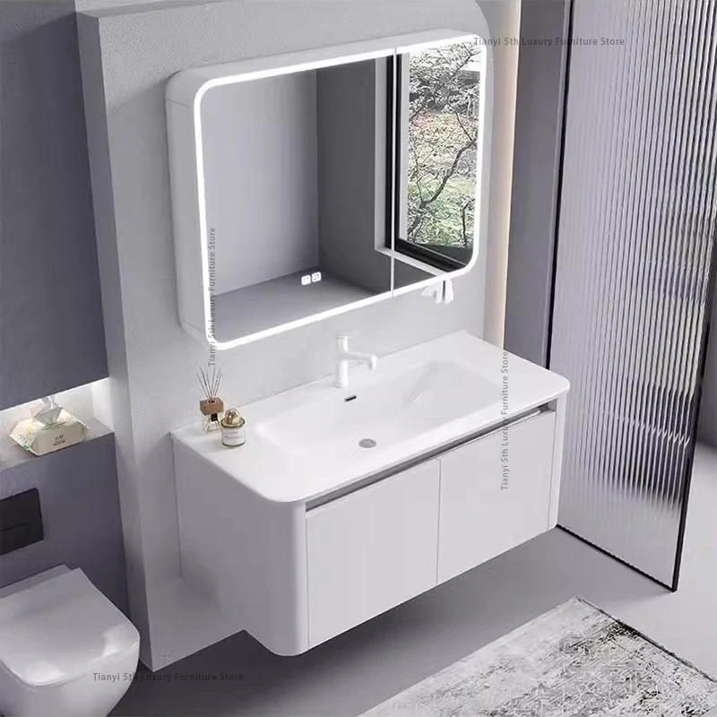 Aluminium Alloy Circular Arc Bathroom Cabinet New Century Ceramic Fashion Smart Mirror Vanity Combo Storage Furniture Bagno FYBC