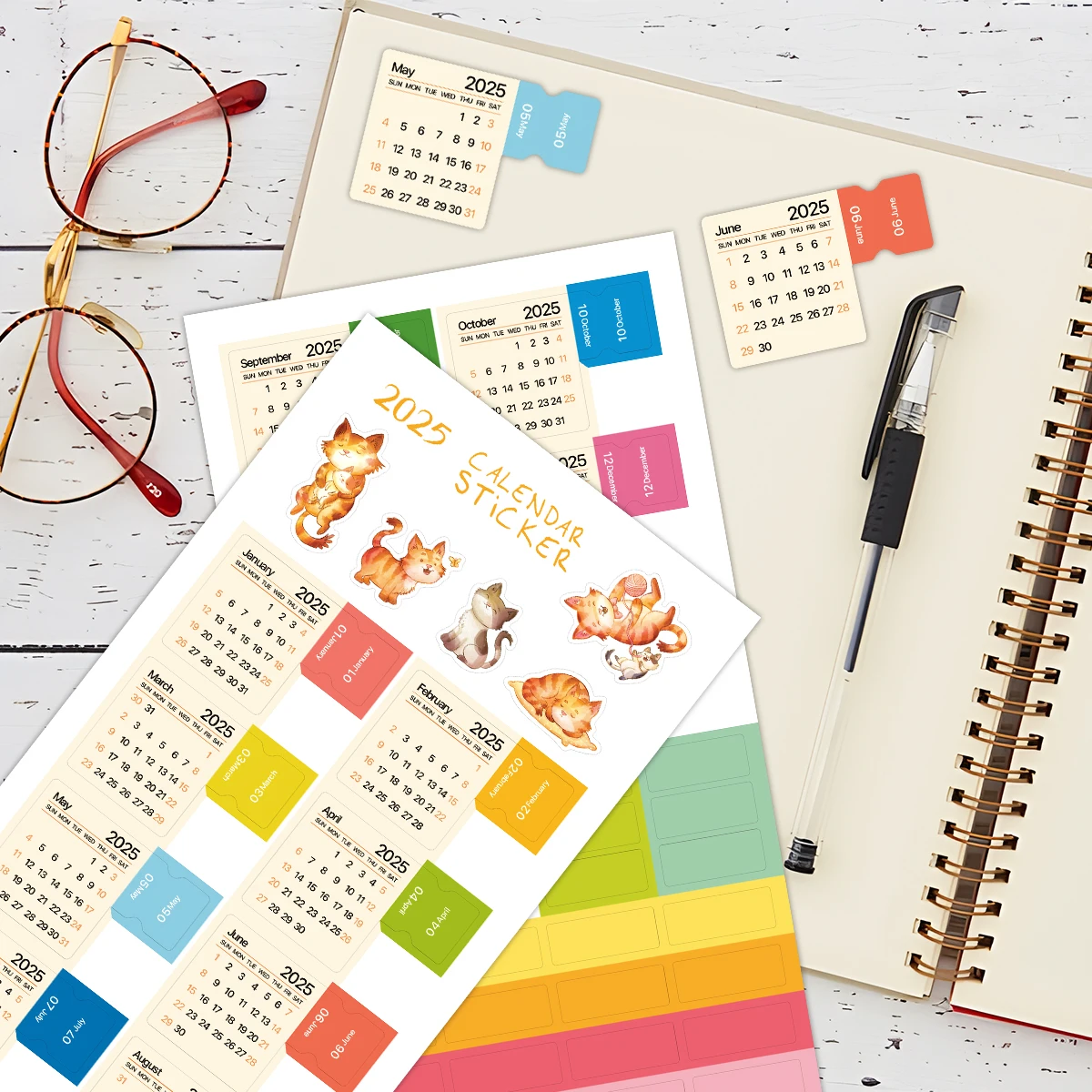 2025 Mini Calendar Stickers with Cute Cat Design,2 Sheets Monthly Index Tabs Planner Adhesive Divider for Your Planner and Diary