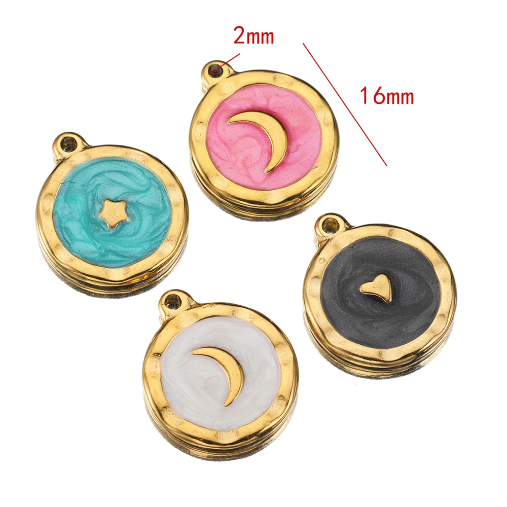 5pcs Gold Color Stainless Steel Enamel Moon Love Medal Heart Charms Pendants for DIY Earrings Necklace Jewelry Making Supplies