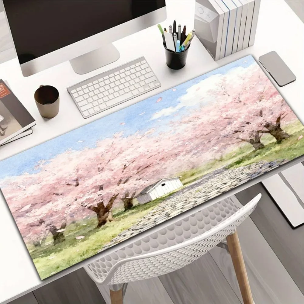 Single-piece large cherry blossom-themed game desktop pad - non-slip rubber sole super large diatomaceous earth mouse pad