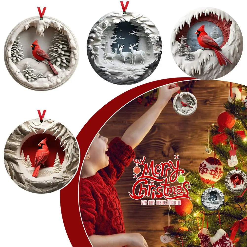 Christmas Decorations Acrylic Car Pendant Holy Flat Red Bird Decorations Disk Christmas Pendant Hanging Tree W5F4