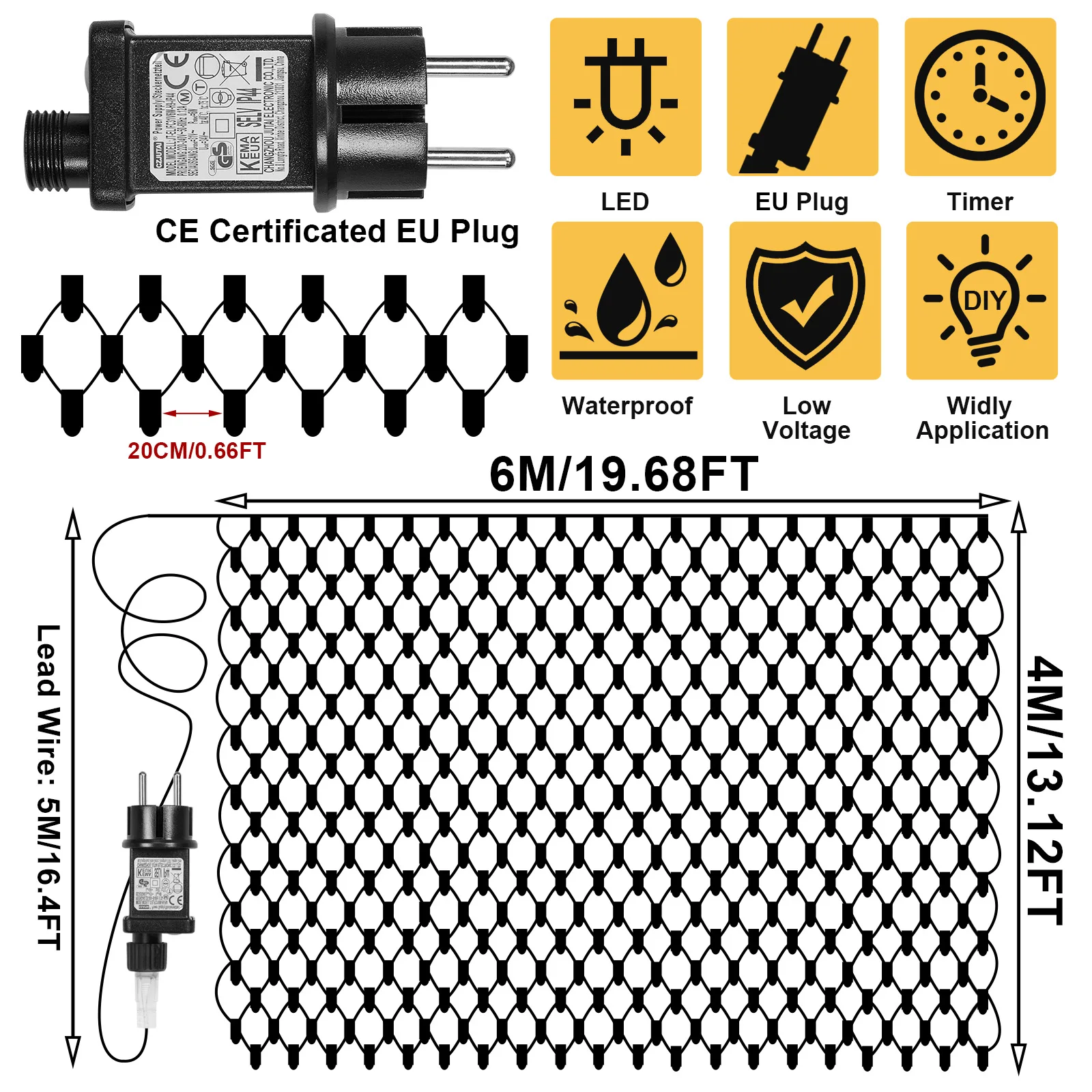 Filet rideau lumineux à lumière LED en maille avec minuterie, 8 modes de tension de sécurité, décoration extérieure de noël, jardin, 2x3m/4x6m