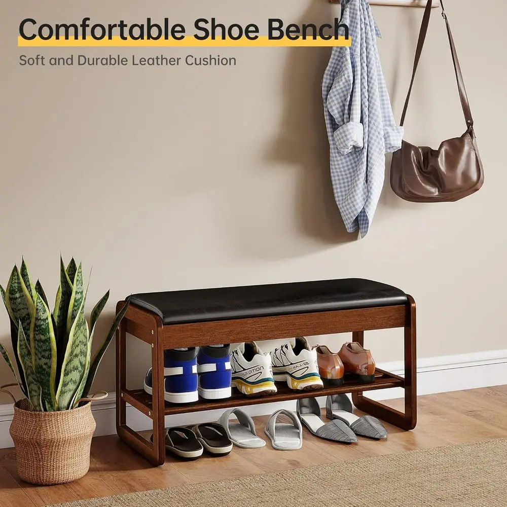 Wooden Flip-Top Shoe Rack Bench, 2-Level Organizer with Cushion for Entryway, Mudroom, and Foyer