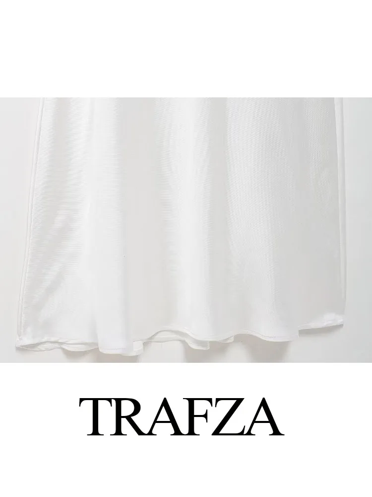 TRAFZA-Vestido Longo Sem Encosto Feminino com Zíper, Monocromático Sexy, Decoração Arco, Textura Cetim, Vestidos Sem Mangas, Moda Verão