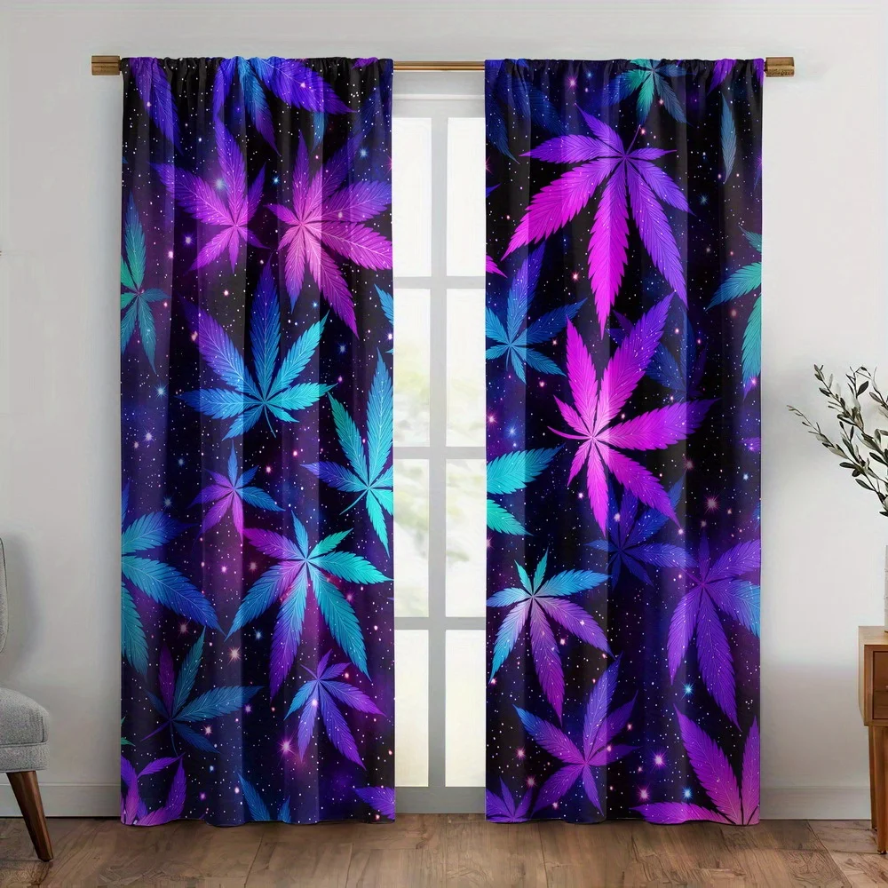 2 Panels Neon Galaxy Weed Leaf Printed Curtains Purple Blue Cannabis Pattern Polyester Living Room Bedroom Window Drapes Home