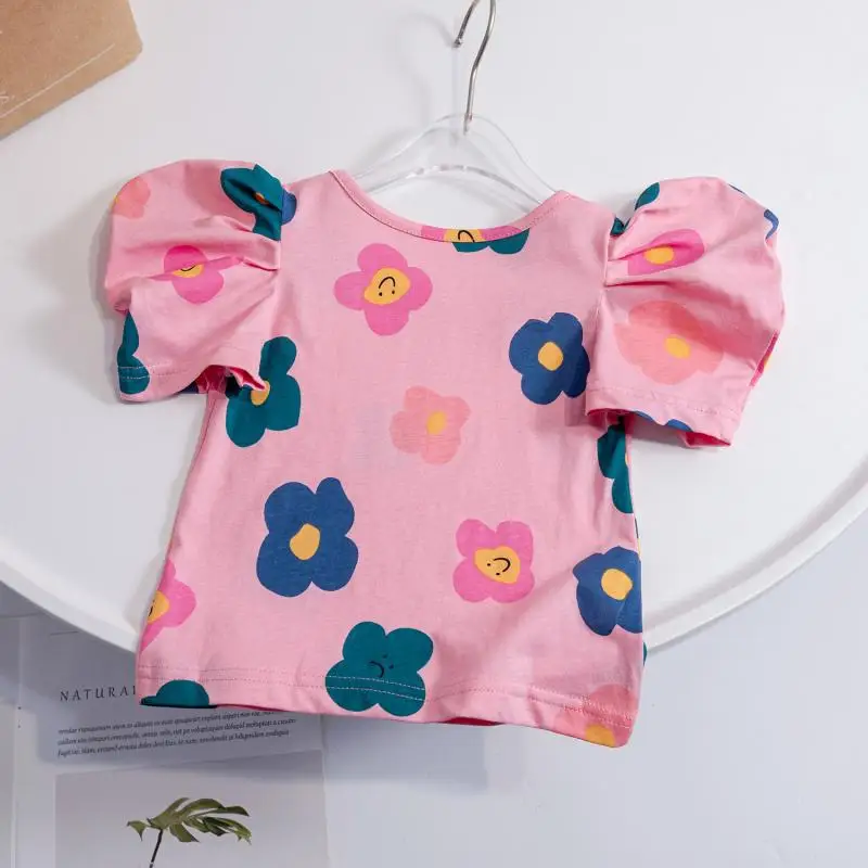 2023 Summer Girls T-shirts Flower Shirts for Kids Short-sleeve Children Blouse Cotton Baby Outfits Toddler Outerwear Clothing