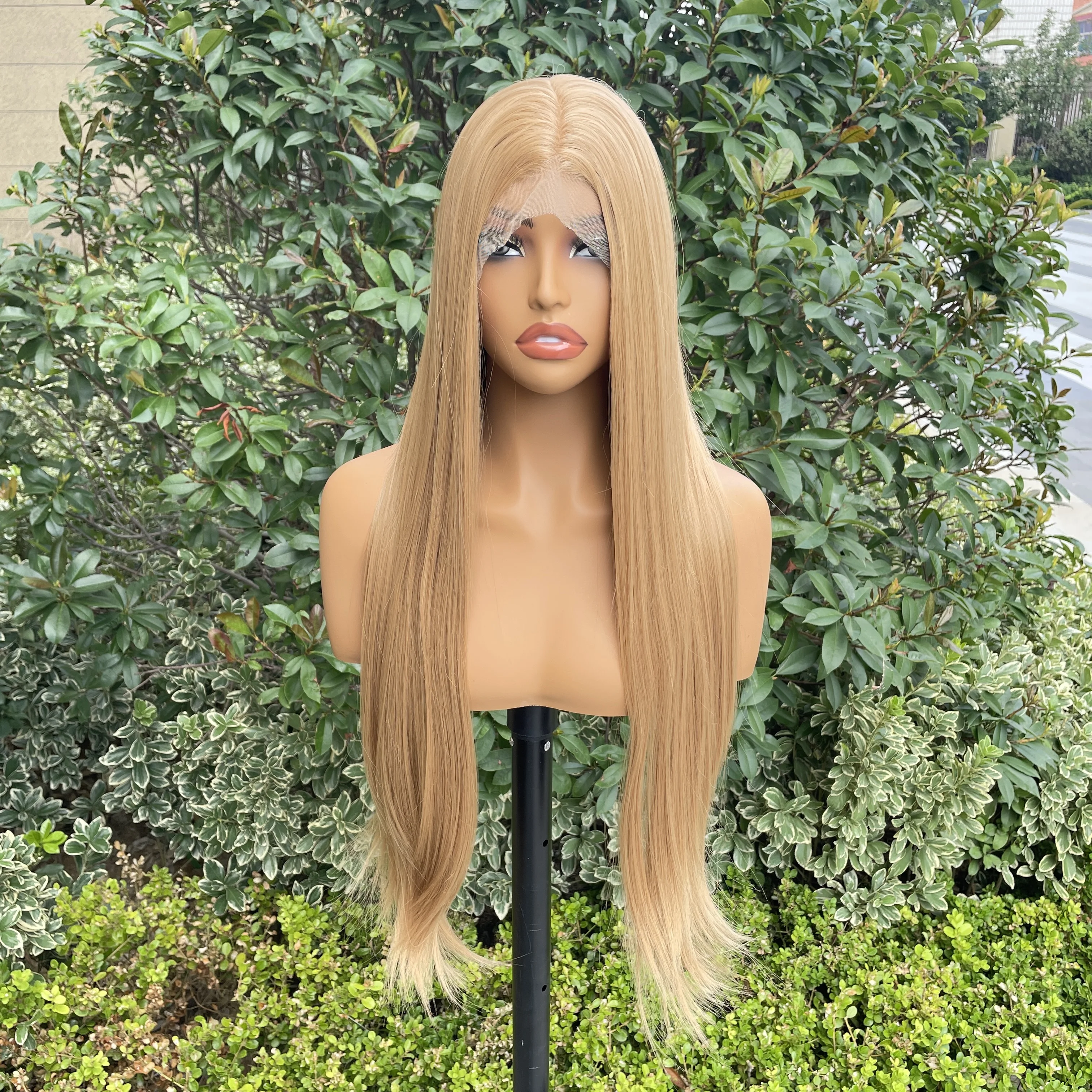 

Honey Brown Long Sliky Straight Synthetic Wig for Women Glueless Free Part 13x4Lace Front Wig Heat Resistant 150% Half Hand Tied