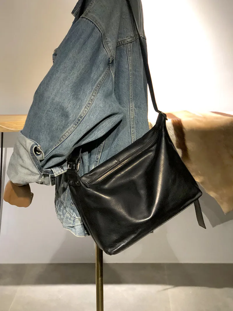Sac à Bandoulière Vintage en Cuir group pour Homme et Femme, Sacoche Universelle, Large, Noire, Décontractée, pour l'Extérieur