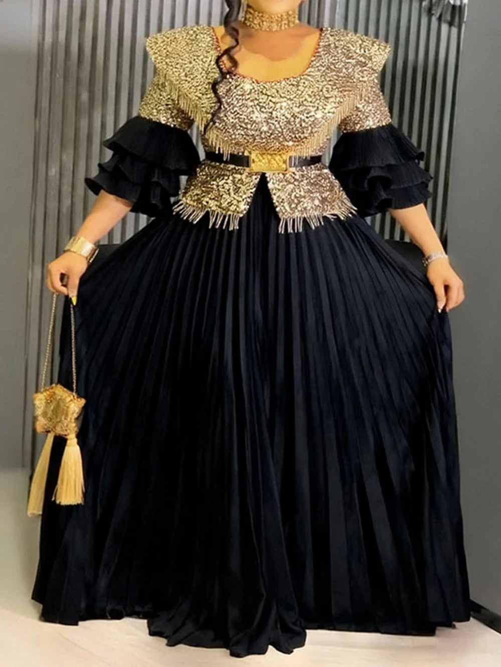 Ruffle Sleeve Dresses For Women Luxury Sequin Pleated Long Dress Wedding Party Evening Gown Birthday Elegant Ladies Clothing