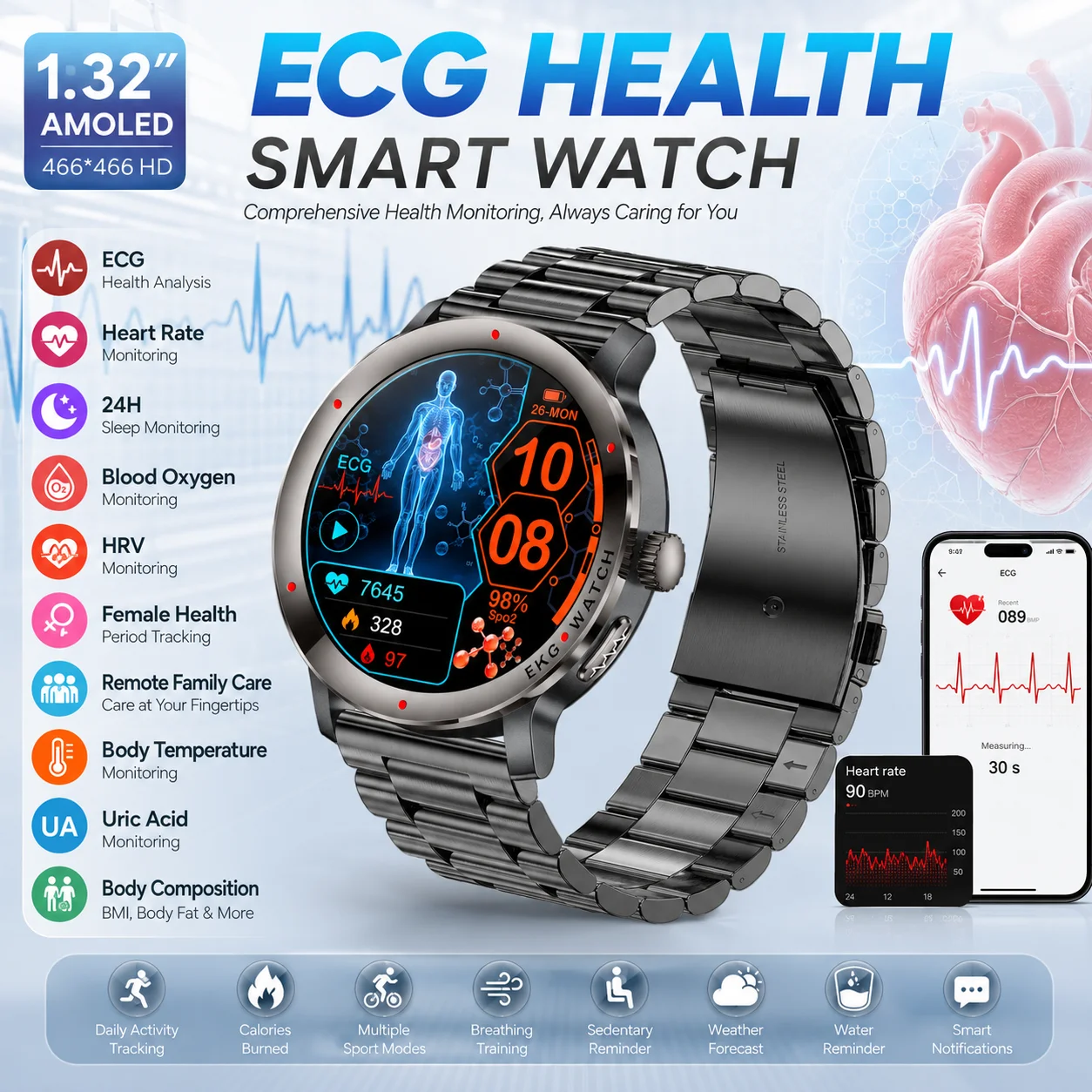LIGE New ECG Health Smart Watch Bluetooth Call HRV Uric Acid Monitor Analysis Body Temperature Bracelet 120+ Sports Smartwatch