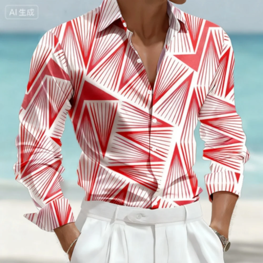 

Мужская гавайская пляжная рубашка с длинным рукавом, геометрический треугольный принт, пуговицы с лацканами, деловой повседневный дизайн