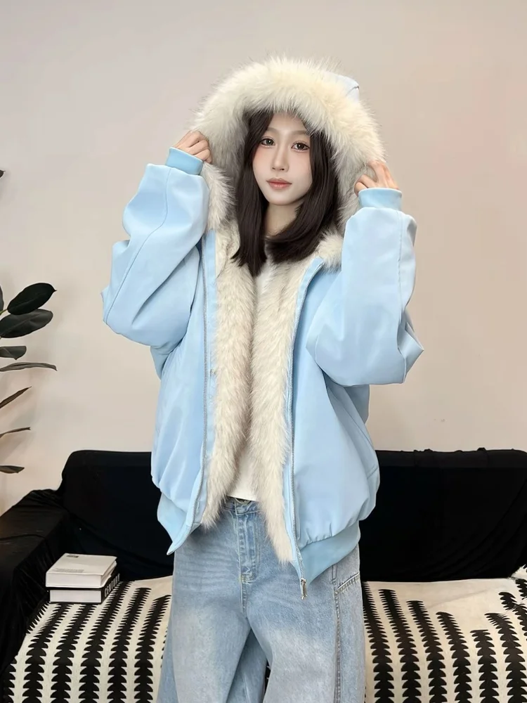 

Blue Cleanfit Hooded Mountain Eagle Jaet American Retro Cotton Coat Men Winter Thiened Fce Collar Outerwear