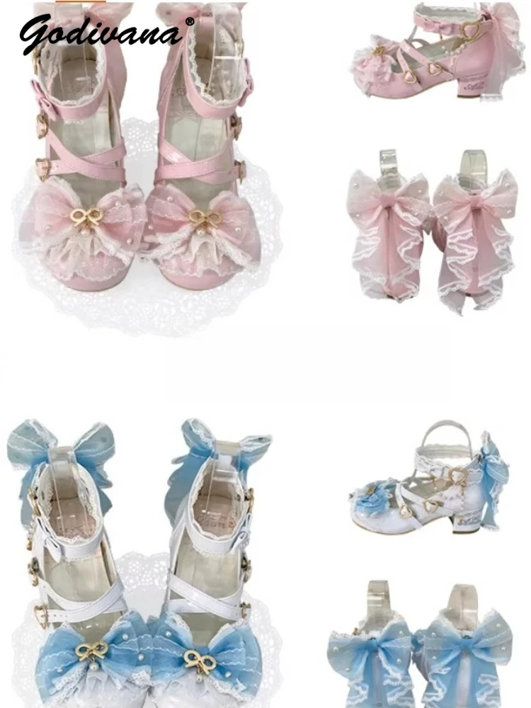 

Original Design Girls Sweet Princess Pearl Lace Bow Shoes Doll Feeling Lolita Mid-heel Party Wedding Leather Shoes High Heels