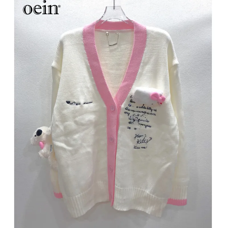 [oein] Internet Celebrity Heavy Industry Embroidered Cartoon Figurine V-neck Knitted Sweater In Autumn, Mid To Long Color