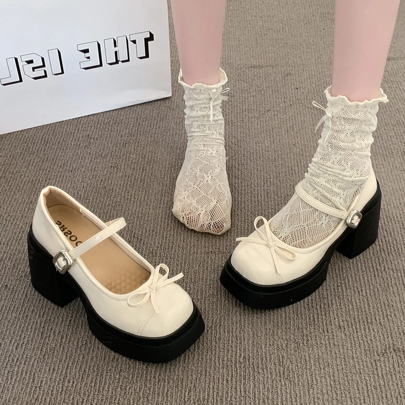 

Приподнятые женские туфли Mary Jane oes с галстуком-бабочкой, японские туфли на высоком каблуке с узлом, маленькие кожаные oes, весна-осень, Ne...