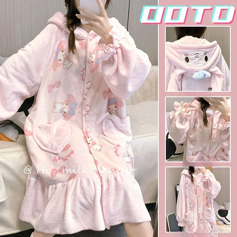 Sanrios My Melody Anime Kawaii Cute Coral Fleece Pajamas Women Winter Thickened Plush Hooded Home Nightwear Christmas Gifts