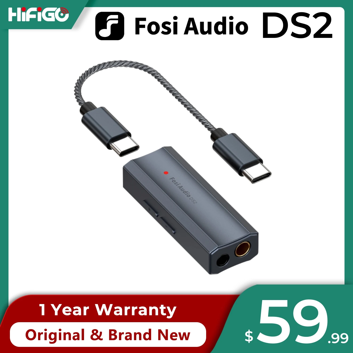 2024 New Fosi Audio DS2 Dual CS43131 Portable USB DAC & AMP Headphone Amplifier Portable Dongle DSD256 32Bit/384 Dual Outputs 