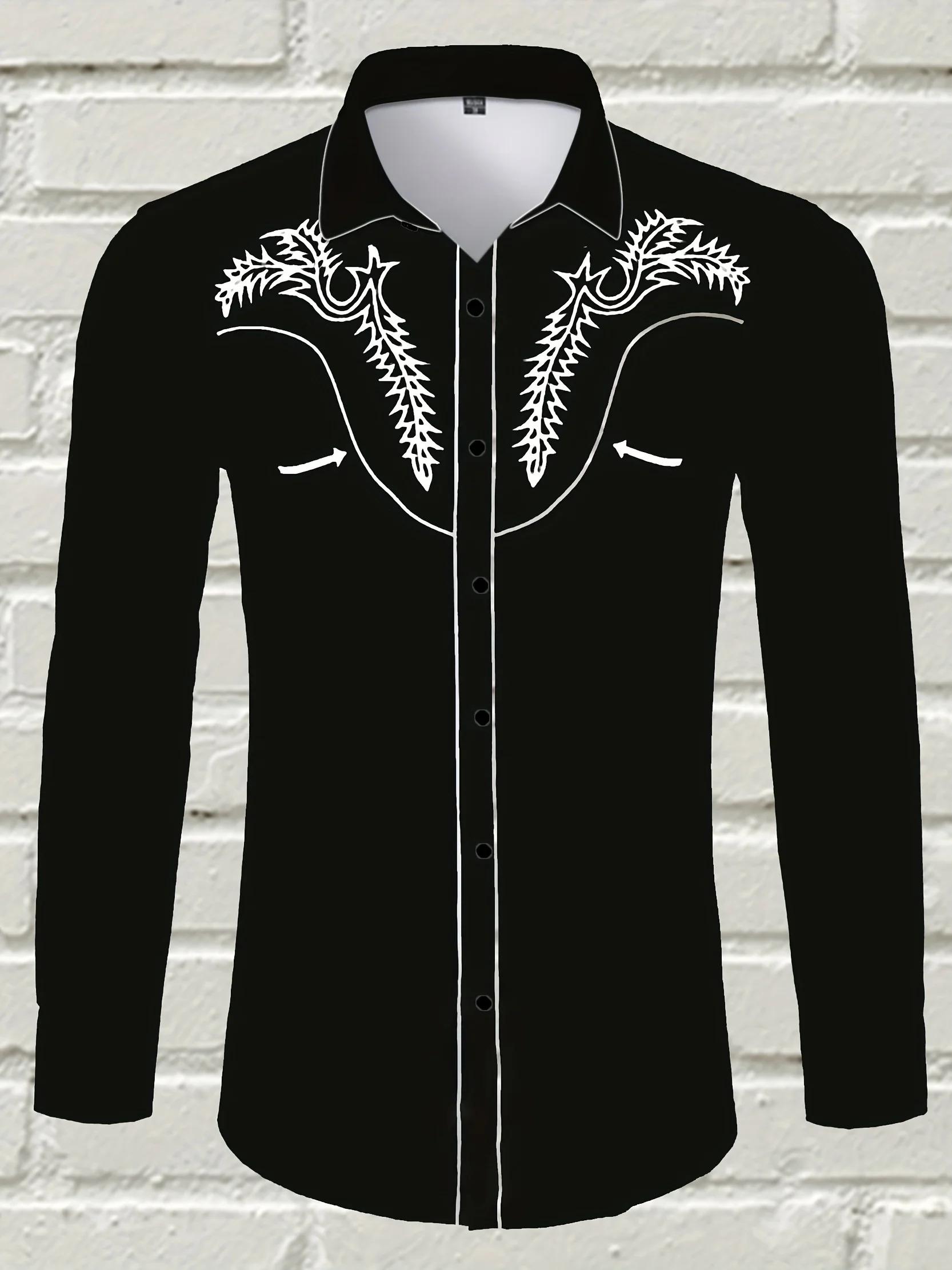 Denim Style Vintage Printed Men's Long Sleeve Button-Down Shirt, Spring and Autumn